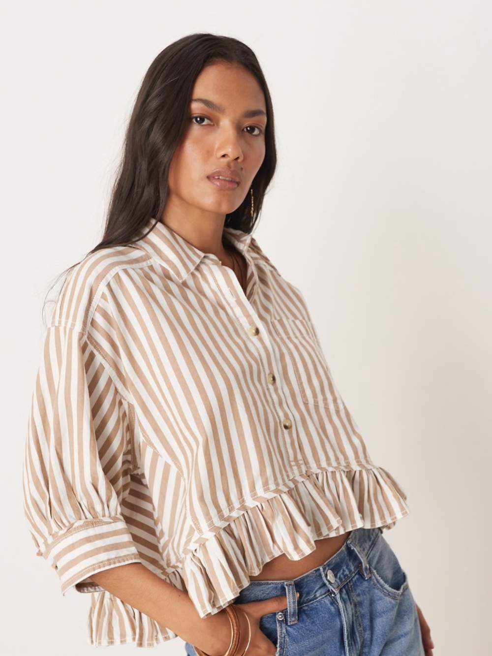 We The Free, Free People Bailey Striped Ruffle-Hem Button Down Shirt